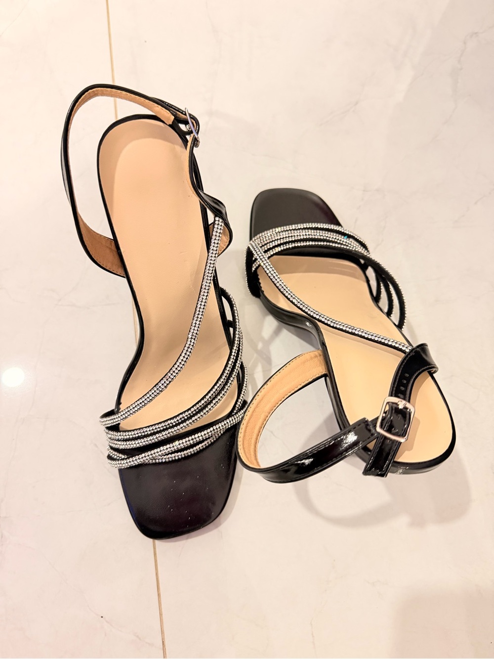 Black Rhinestone-Strap Slingback Heels